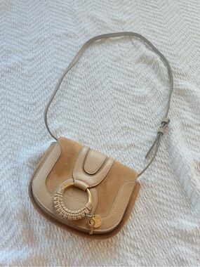 Chloe authentic Tan Suede and Leather Crossbody with Gold Ring